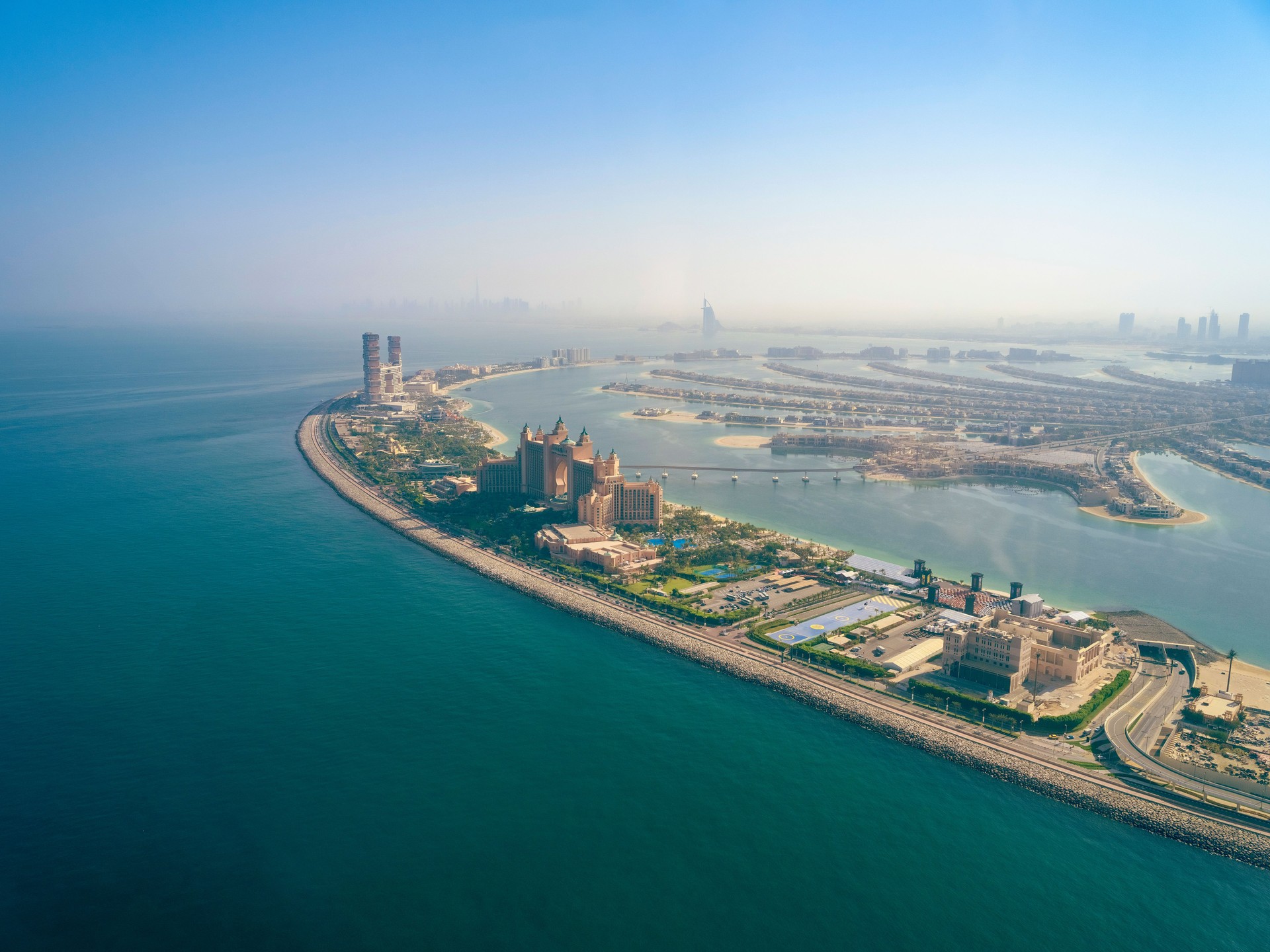 Aerial view of artificial palm island in Dubai